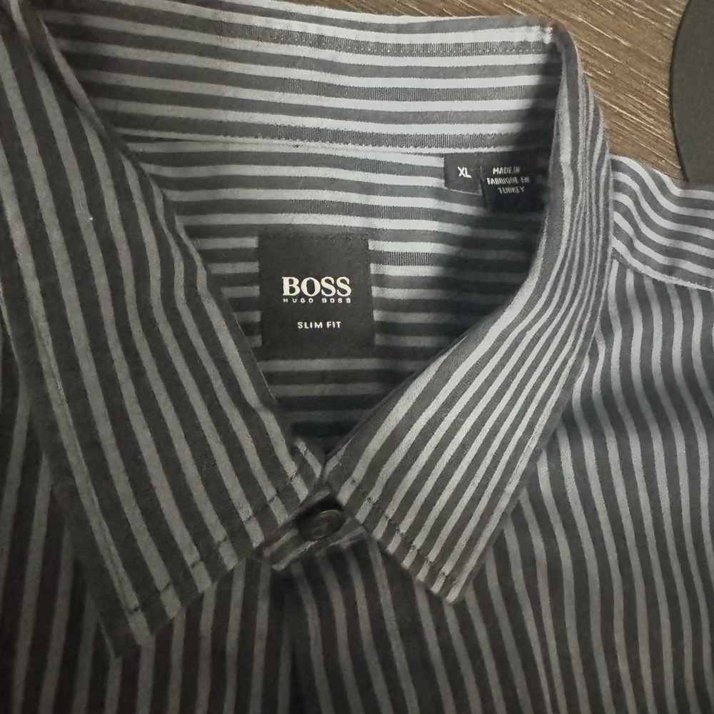 Boss Men's Charcoal and Gray Striped Dress Shirt